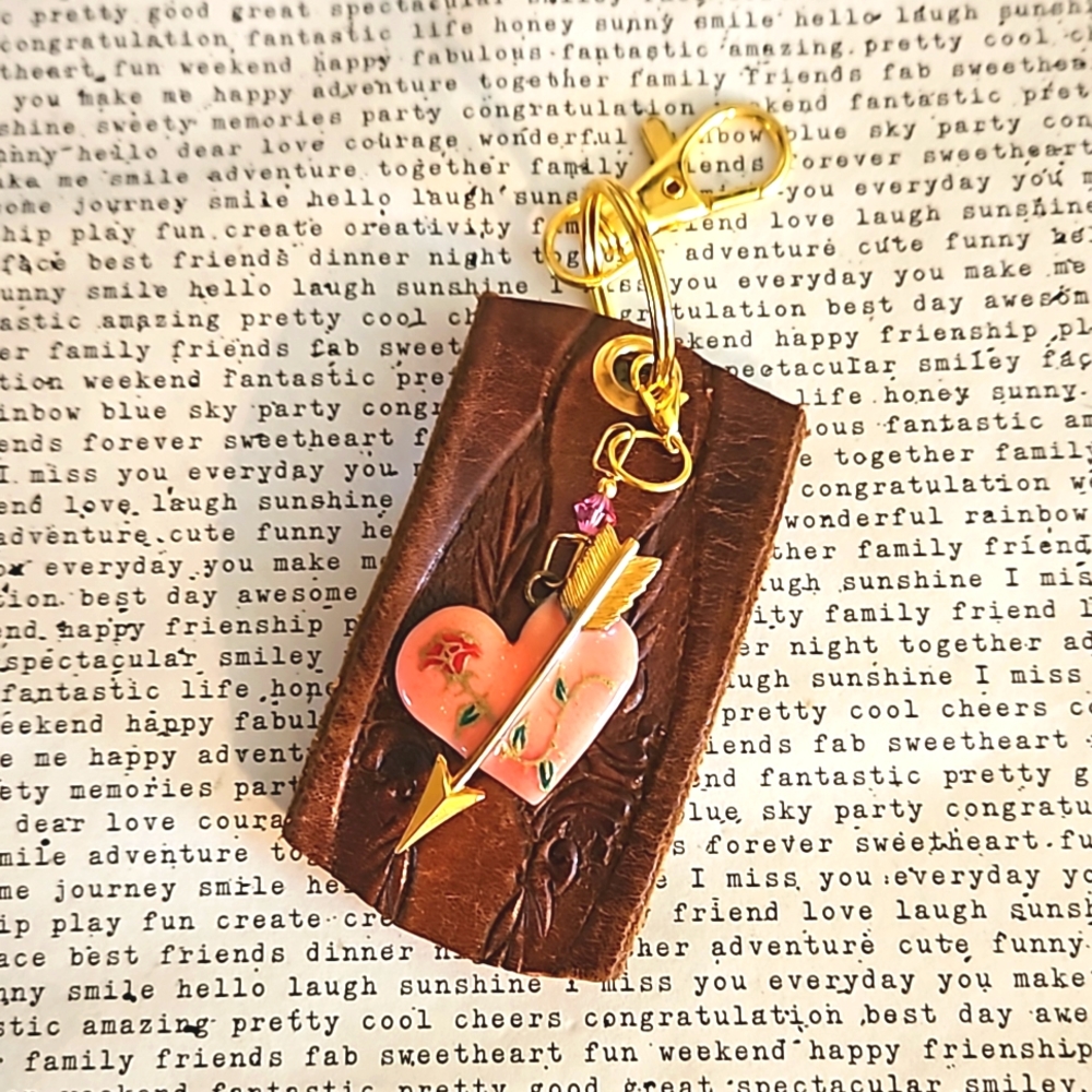 Vintage leather keyring enamel heart charm arrow OOAK aromatherapy